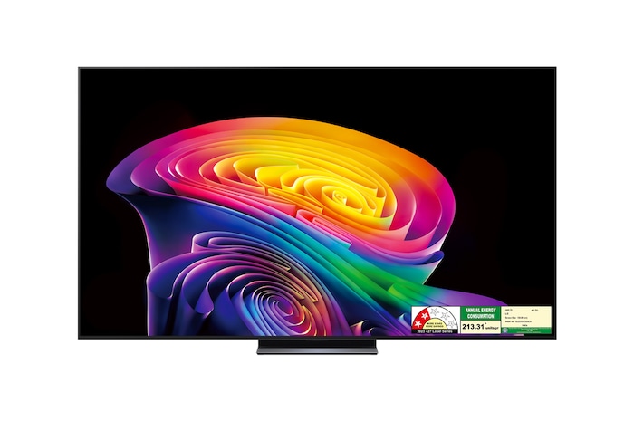 The front view of LG OLED evo AI C6, released in 2026, features a slim black bezel, with a vivid, sculpted swirl of layered rainbow tones flowing across the screen.