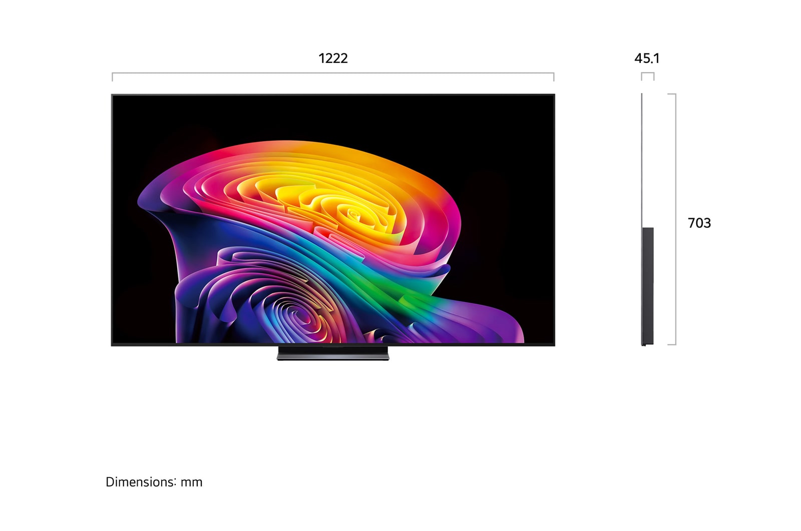 LG OLED evo AI C6 shown in front and side views highlights a 55-inch display with a 1222 mm-wide screen, an overall height of 703 mm, and an ultra-slim 45.1 mm depth without a stand.