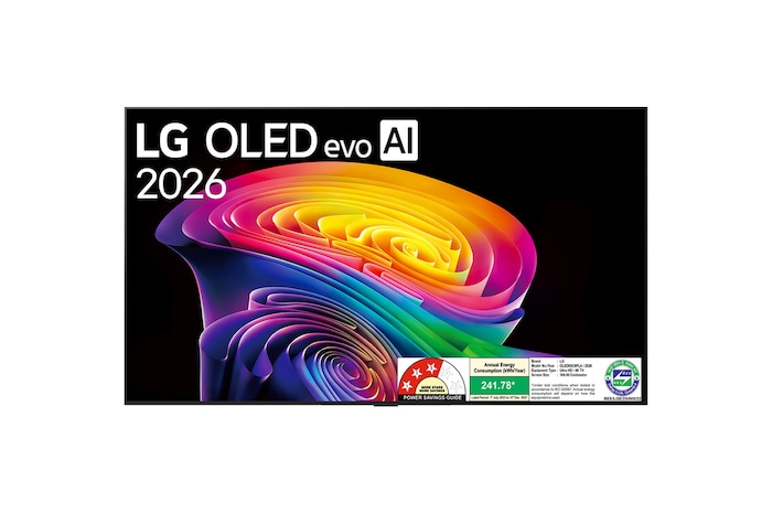 The front view of LG OLED evo AI C6, released in 2026, features a slim black bezel, with a vivid, sculpted swirl of layered rainbow tones flowing across the screen.