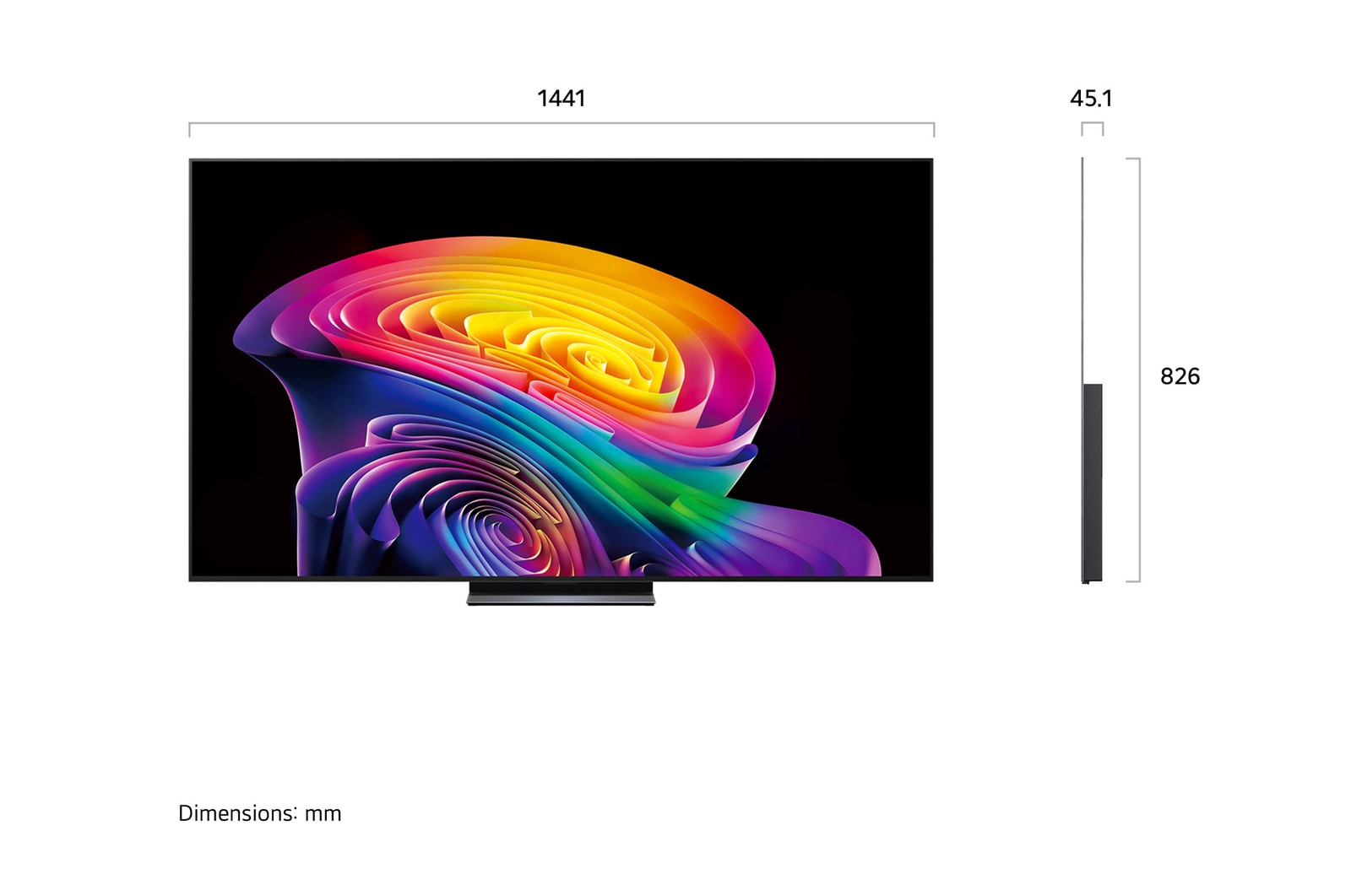 LG OLED evo AI C6 shown in front and side views highlights a 65-inch display with a 1441 mm-wide screen, an overall height of 826 mm, and an ultra-slim 45.1 mm depth without a stand.