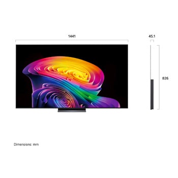 LG OLED evo AI C6 shown in front and side views highlights a 65-inch display with a 1441 mm-wide screen, an overall height of 826 mm, and an ultra-slim 45.1 mm depth without a stand.