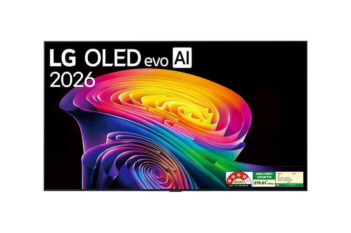 The front view of the LG OLED evo AI C6, released in 2026, displays an image of layered, multicolored forms, featuring Hyper Radiant Color Tech, Perfect Black & Perfect Color, along with the World’s No.1 OLED TV for 13 Years badge.