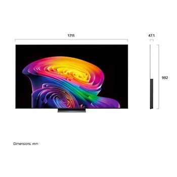 LG OLED evo AI C6 shown in front and side views highlights a 77-inch display with a 1711 mm-wide screen, an overall height of 982 mm, and an ultra-slim 47.1 mm depth without a stand.