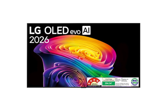 The front view of LG OLED evo AI C6, released in 2026, features a slim black bezel, with a vivid, sculpted swirl of layered rainbow tones flowing across the screen.
