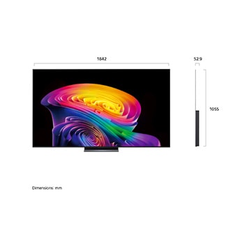 LG OLED evo AI C6 shown in front and side views highlights a 83-inch display with a 1842 mm-wide screen, an overall height of 1055 mm, and an ultra-slim 52.9 mm depth without a stand.