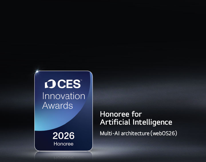 The CES Innovation Awards 2026 Honoree badge is shown on a dark background. Multi-AI Architecture is recognized in the Artificial Intelligence category.
