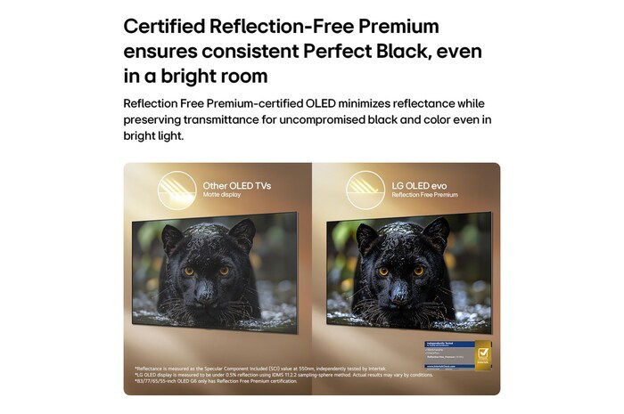 LG OLED evo AI G6 with Reflection Free Premium shows a side-by-side comparison against Other OLED TVs Matte display, keeping the black jaguar image clear with deep blacks and fine texture, especially in bright environments, with an Intertek certification mark shown.