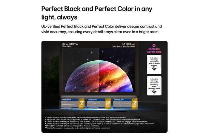 LG OLED evo AI G6 shows a split-screen planet-and-stars scene, comparing Other OLED TVs Matte display with its Perfect Black & Perfect Color display for clearer picture quality in any light, supported by UL certification and Intertek certifications for color accuracy and Reflection-Free.