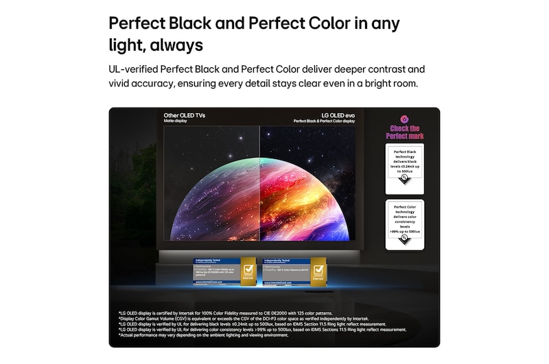LG OLED evo AI G6 shows a split-screen planet-and-stars scene, comparing Other OLED TVs Matte display with its Perfect Black & Perfect Color display for clearer picture quality in any light, supported by UL certification and Intertek certifications for color volume and color fidelity.