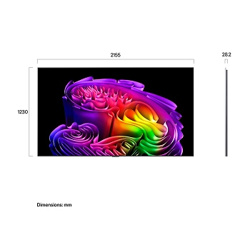 LG OLED evo AI G6 shown in front and side views highlights a 97-inch display with a 2155 mm-wide screen, an overall height of 1230 mm, and an ultra-slim 28.2 mm depth without a stand.