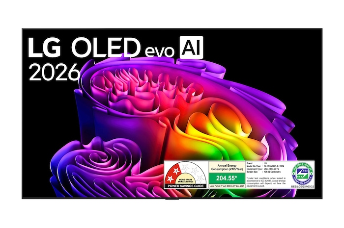 The front view of LG OLED evo AI G6, released in 2026, features a slim black bezel, with a vivid, sculptural image of richly layered, multicolored forms filling the screen.