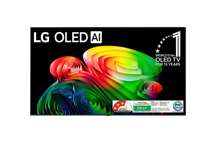 The front view of the LG OLED AI B6, released in 2026, displays an image of layered, multicolored forms, featuring Perfect Black & Perfect Color, along with the World’s No.1 OLED TV for 13 Years badge.