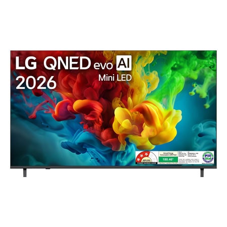The front view of LG QNED evo AI QNED82 Mini LED, released in 2026, fills the screen with vivid, fluid bursts of multicolored, paint-like motion, as richly layered clouds of color spread smoothly across the display.