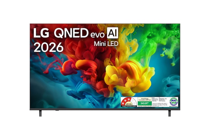 The front view of LG QNED evo AI QNED82 Mini LED, released in 2026, fills the screen with vivid, fluid bursts of multicolored, paint-like motion, as richly layered clouds of color spread smoothly across the display.