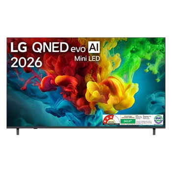 The front view of LG QNED evo AI QNED82 Mini LED, released in 2026, fills the screen with vivid, fluid bursts of multicolored, paint-like motion, as richly layered clouds of color spread smoothly across the display.