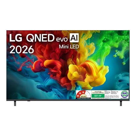 The front view of LG QNED evo AI QNED82 Mini LED, released in 2026, fills the screen with vivid, fluid bursts of multicolored, paint-like motion, as richly layered clouds of color spread smoothly across the display.