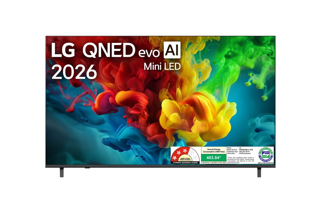 The front view of LG QNED evo AI QNED82 Mini LED, released in 2026, fills the screen with vivid, fluid bursts of multicolored, paint-like motion, as richly layered clouds of color spread smoothly across the display.