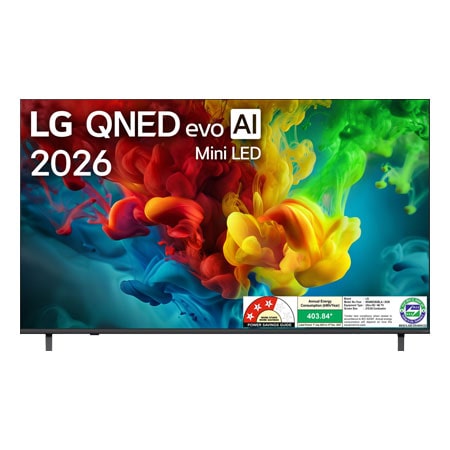 The front view of LG QNED evo AI QNED82 Mini LED, released in 2026, fills the screen with vivid, fluid bursts of multicolored, paint-like motion, as richly layered clouds of color spread smoothly across the display.