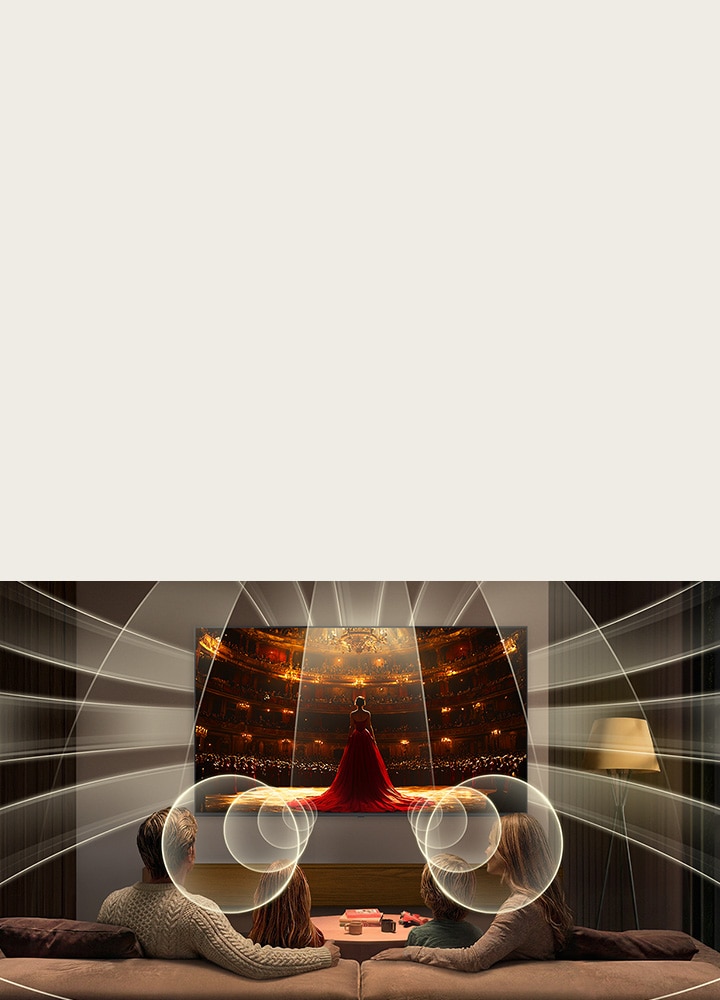 LG QNED evo AI QNED82 Mini LED with Virtual 11.1.2 Ch fills a modern living space as an opera performance plays on screen, delivering multi-directional sound that surrounds the seating area and enhances immersion throughout the room.