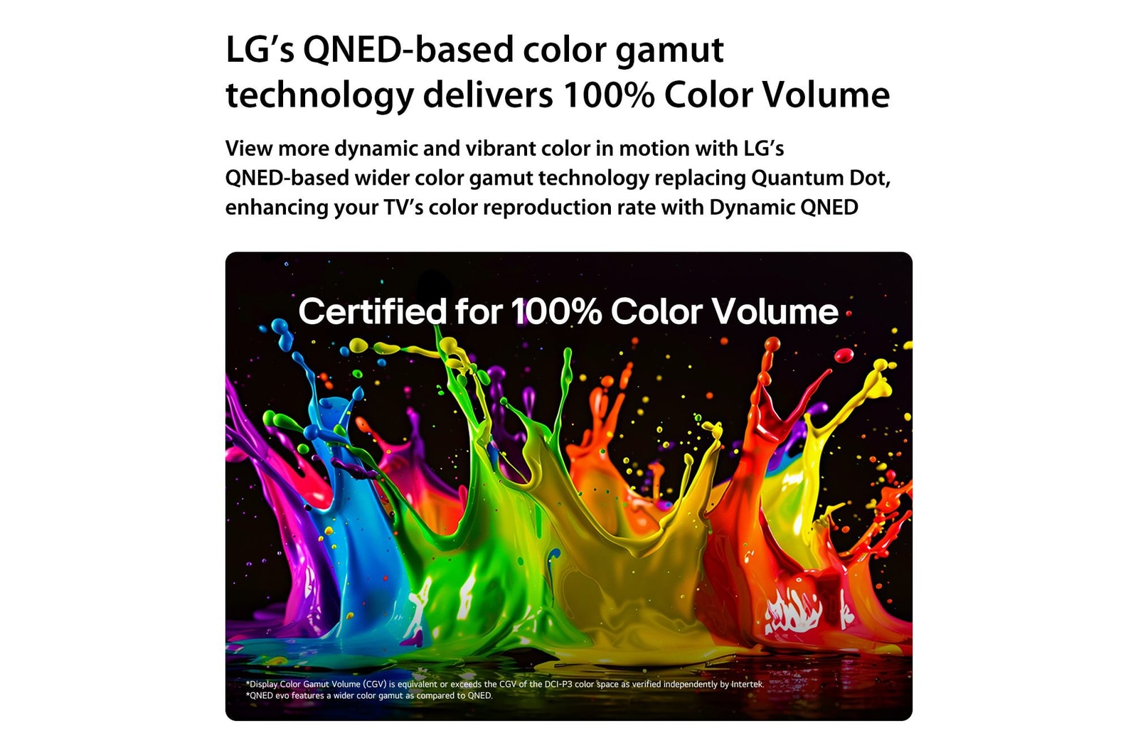 LG QNED evo AI QNED82 Mini LED with Dynamic QNED Color Pro fills the screen with vivid, fluid bursts of multicolored, paint-like motion, showcasing enhanced color vibrancy certified for 100% Color Volume.