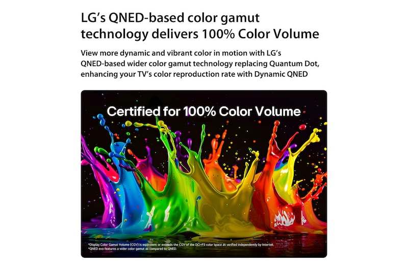 LG QNED evo AI QNED82 Mini LED with Dynamic QNED Color Pro fills the screen with vivid, fluid bursts of multicolored, paint-like motion, showcasing enhanced color vibrancy certified for 100% Color Volume.