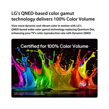 LG QNED evo AI QNED82 Mini LED with Dynamic QNED Color Pro fills the screen with vivid, fluid bursts of multicolored, paint-like motion, showcasing enhanced color vibrancy certified for 100% Color Volume.