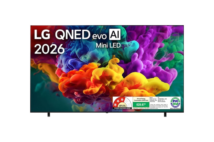 The front view of LG QNED evo AI QNED85 Mini LED, released in 2026, fills the screen with vivid, fluid bursts of multicolored, paint-like motion, as dense clouds of color blend seamlessly across the display.