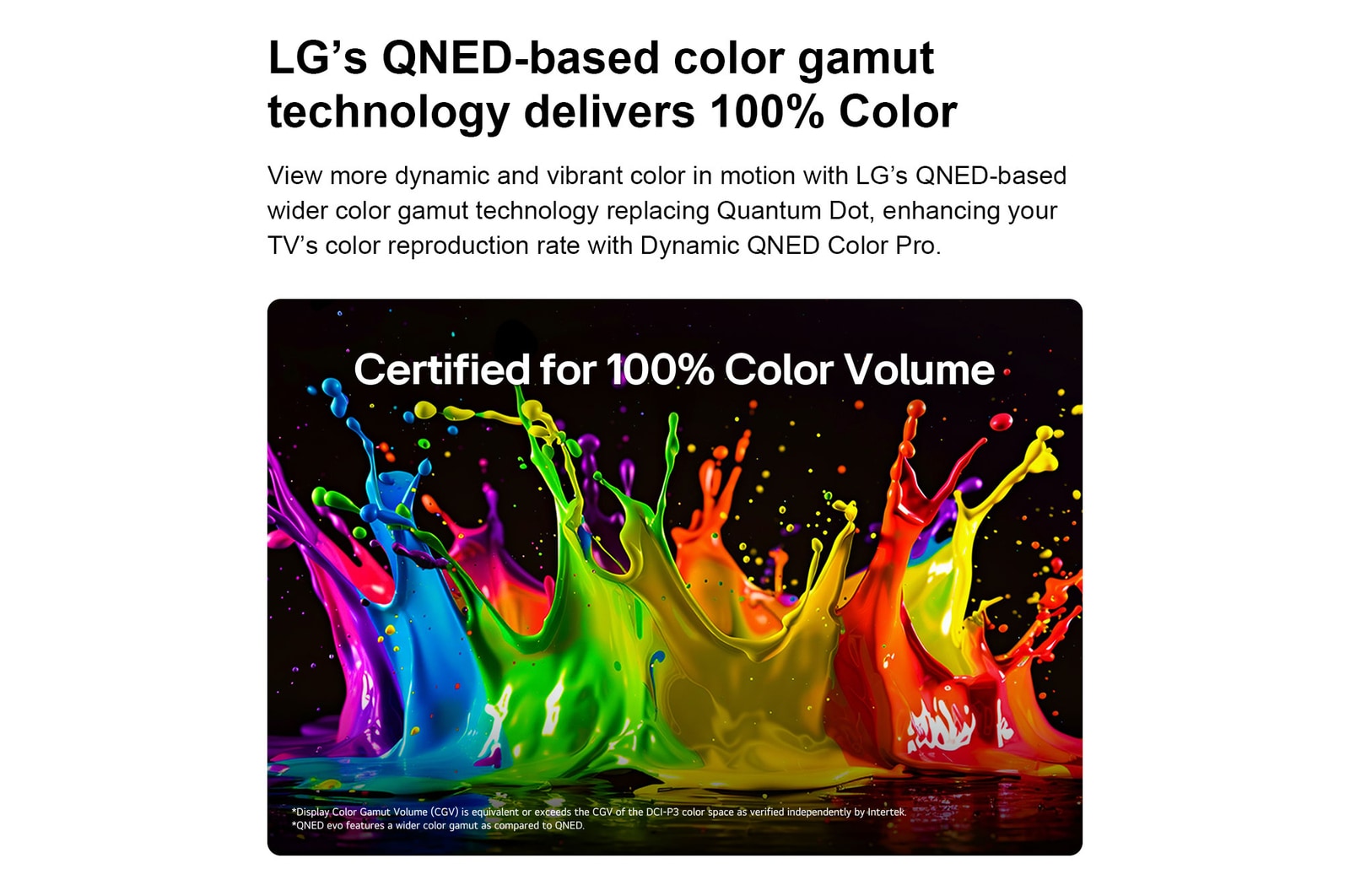 LG QNED evo AI QNED85 Mini LED with Dynamic QNED Color Pro fills the screen with vivid, fluid bursts of multicolored, paint-like motion, showcasing enhanced color vibrancy certified for 100% Color Volume.