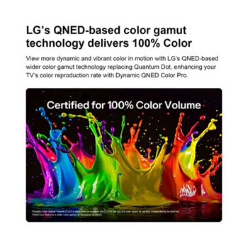 LG QNED evo AI QNED85 Mini LED with Dynamic QNED Color Pro fills the screen with vivid, fluid bursts of multicolored, paint-like motion, showcasing enhanced color vibrancy certified for 100% Color Volume.