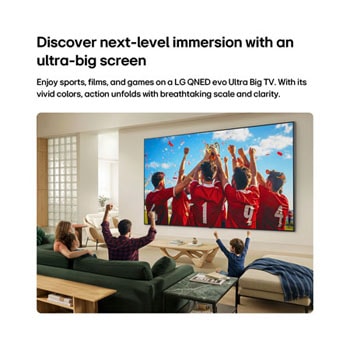 LG QNED evo AI QNED85 Mini LED Ultra Big TV is wall-mounted in a living room, displaying a sports victory celebration with vivid colors and refined picture quality across the wide screen as a family cheers together.