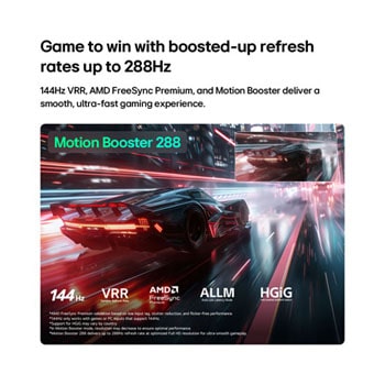 LG QNED evo AI QNED85 Mini LED for Ultimate Gameplay shows a vibrant, high-speed racing scene with a blurred comparison inset highlighting Motion Booster 288, while supporting 144Hz, VRR, AMD FreeSync, ALLM, HGiG, and GeForce NOW.