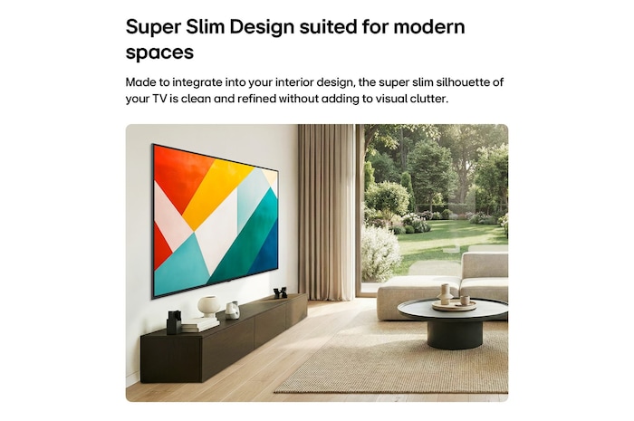 LG QNED evo AI QNED85 Mini LED with Super Slim Design is wall-mounted in a bright, open living space and blends into the interior while displaying bold geometric abstract artwork.
