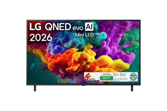 The front view of LG QNED evo AI QNED85 Mini LED, released in 2026, fills the screen with vivid, fluid bursts of multicolored, paint-like motion, as dense clouds of color blend seamlessly across the display.