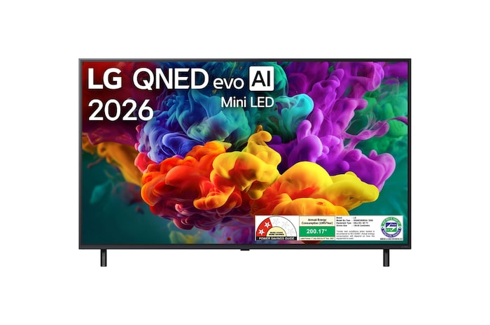 The front view of LG QNED evo AI QNED85 Mini LED, released in 2026, fills the screen with vivid, fluid bursts of multicolored, paint-like motion, as dense clouds of color blend seamlessly across the display.