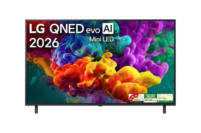 The front view of LG QNED evo AI QNED85 Mini LED, released in 2026, fills the screen with vivid, fluid bursts of multicolored, paint-like motion, as dense clouds of color blend seamlessly across the display.