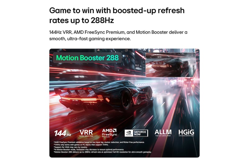 LG QNED evo AI QNED85 Mini LED for Ultimate Gameplay shows a vibrant, high-speed racing scene with a blurred comparison inset highlighting Motion Booster 288, while supporting 144Hz, VRR, AMD FreeSync, ALLM, HGiG, and GeForce NOW.