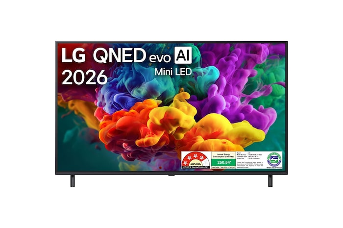 The front view of LG QNED evo AI QNED85 Mini LED, released in 2026, fills the screen with vivid, fluid bursts of multicolored, paint-like motion, as dense clouds of color blend seamlessly across the display.