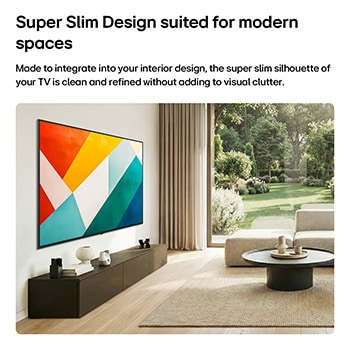 LG QNED evo AI QNED85 Mini LED with Super Slim Design is wall-mounted in a bright, open living space and blends into the interior while displaying bold geometric abstract artwork.
