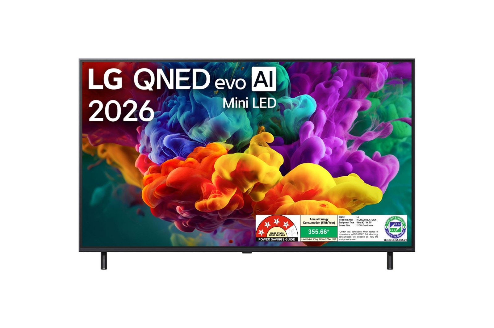 Front view of 217 cm (86) LG QNED evo 4K MiniLED TV 86QNED85BLA with α8 AI Processor Gen3, with HDR10 Pro 2026 86QNED85BLA