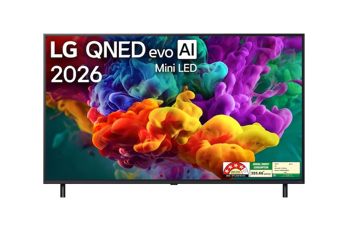 The front view of the LG QNED evo AI QNED85 Mini LED, released in 2026, displays vivid, fluid bursts of dense clouds of color on screen, featuring Dynamic QNED Color Pro, Mini LED, an alpha 8 AI Processor 4K Gen3, webOS, and a 100-inch display.