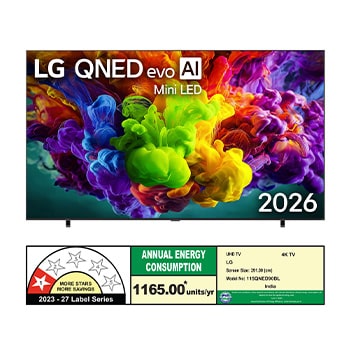 The front view of the LG QNED evo AI QNED90 Mini LED, released in 2026, displays vivid, fluid bursts of dense clouds of color on screen, featuring Dynamic QNED Color Pro, Mini LED, an alpha 8 AI Processor 4K Gen3, webOS, and a 115-inch display.