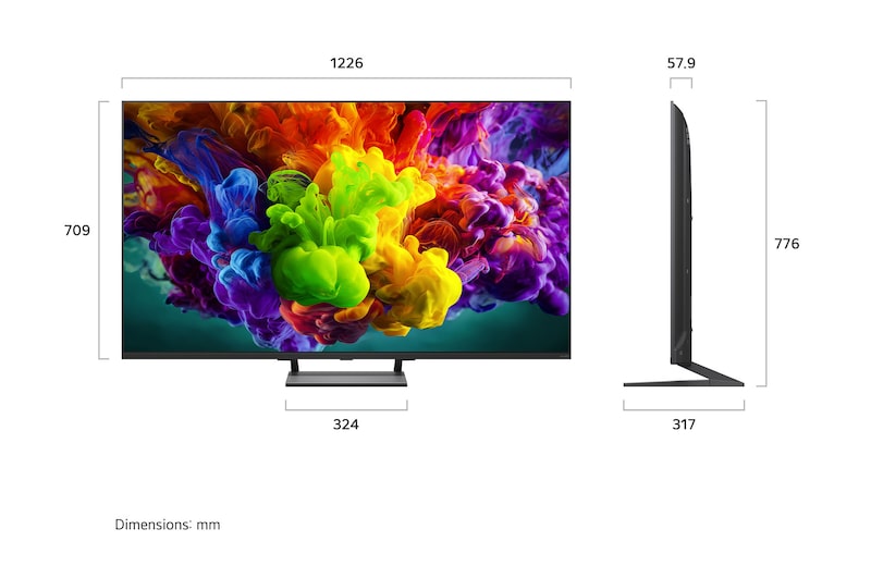 LG QNED evo AI QNED90 Mini LED shown in front and side views highlights a 55-inch display with a 1226 mm-wide screen, 709 mm screen height, 776 mm height with stand, a 57.9 mm profile depth, and a stand footprint measuring 324 by 317 mm.