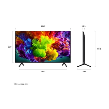 LG QNED evo AI QNED90 Mini LED shown in front and side views highlights an 85-inch display with a 1890 mm-wide screen, 1081 mm screen height, 1180 mm height with stand, a 59.9 mm profile depth, and a stand footprint measuring 595 by 448 mm.