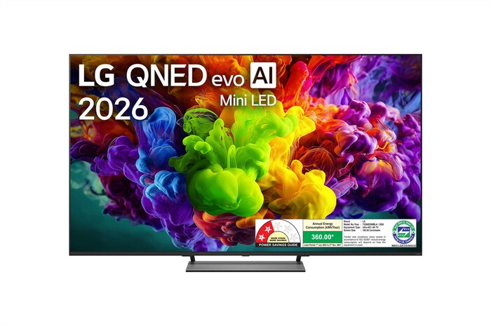 The front view of LG QNED evo AI QNED90 Mini LED, released in 2026, fills the screen with vivid, fluid bursts of multicolored, paint-like motion, as dense clouds of color blend seamlessly across the display.