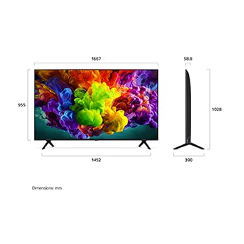 LG QNED evo AI QNED90 Mini LED shown in front and side views highlights a 75-inch display with a 1667 mm-wide screen, 955 mm screen height, 1028 mm height with stand, a 58.8 mm profile depth, and a stand footprint measuring 550 by 390 mm.
