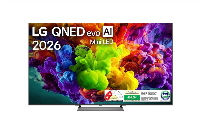 The front view of LG QNED evo AI QNED90 Mini LED, released in 2026, fills the screen with vivid, fluid bursts of multicolored, paint-like motion, as dense clouds of color blend seamlessly across the display.