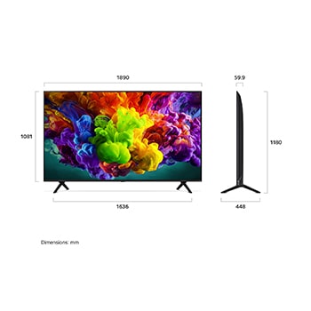 LG QNED evo AI QNED90 Mini LED shown in front and side views highlights an 85-inch display with a 1890 mm-wide screen, 1081 mm screen height, 1180 mm height with stand, a 59.9 mm profile depth, and a stand footprint measuring 595 by 448 mm.