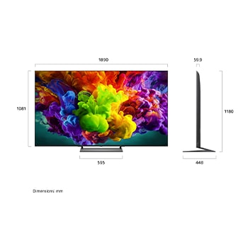 LG QNED evo AI QNED90 Mini LED shown in front and side views highlights an 85-inch display with a 1890 mm-wide screen, 1081 mm screen height, 1180 mm height with stand, a 59.9 mm profile depth, and a stand footprint measuring 595 by 448 mm.