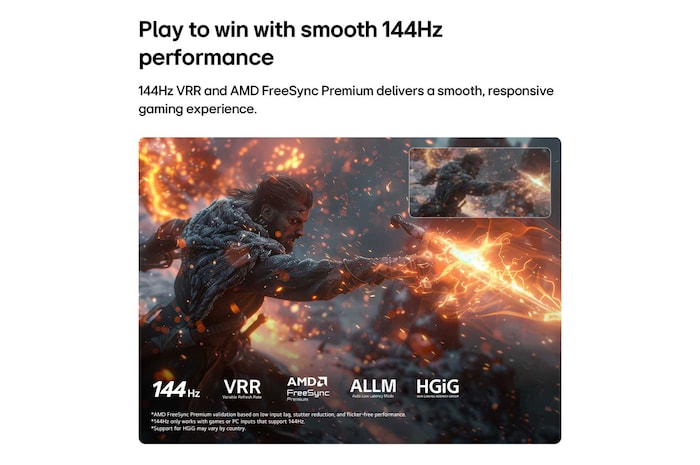 LG QNED evo AI QNED90 Mini LED for Ultimate Gameplay shows an intense sword-fighting action scene with a comparison inset highlighting smoother motion, while supporting 144Hz, VRR, AMD FreeSync, ALLM, HGiG, and GeForce NOW.