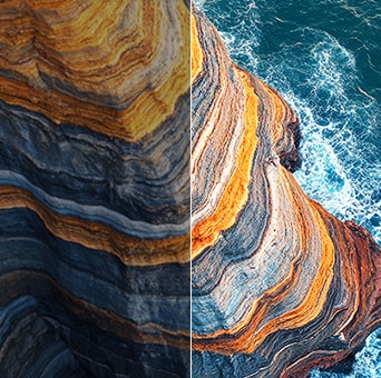 LG QNED AI QNED70 Mini LED highlights Mini LED through a split coastal cliff scene, comparing conventional LED with deeper blacks and more refined contrast across layered rock textures and ocean details for greater clarity and depth.